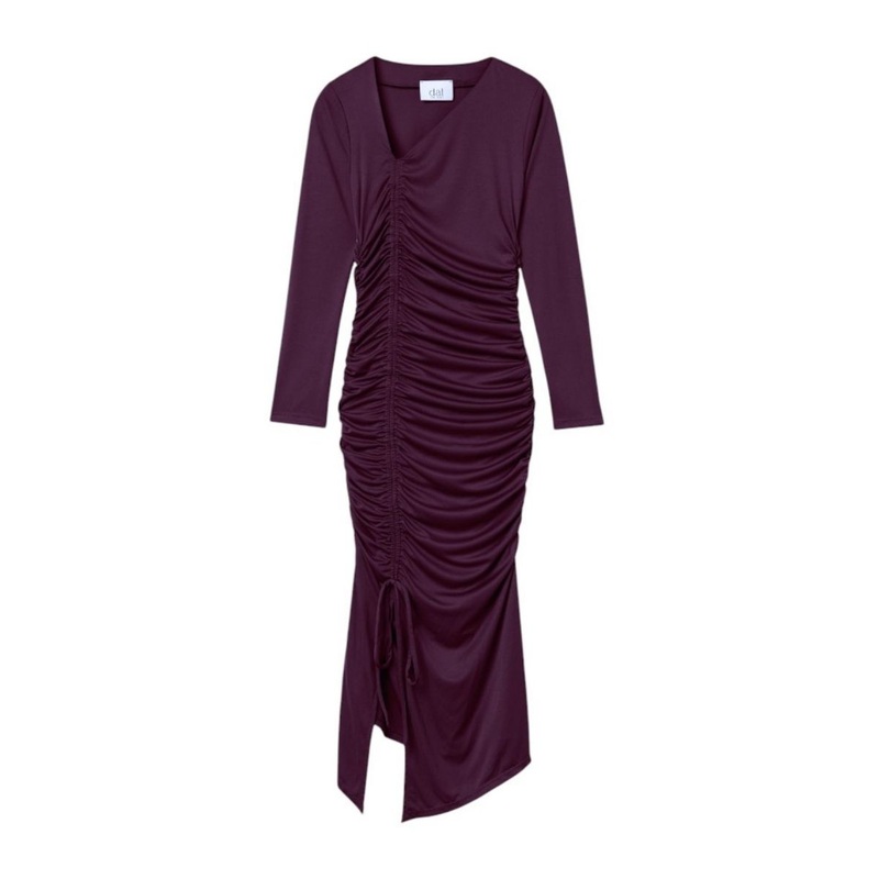 RUCHED ASYMMETRIC MIDI DRESS