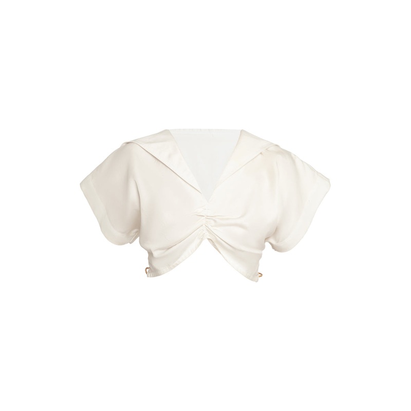 CROPPED COTTON SHIRT WITH EMBROIDERED SAILOR COLLAR AND PIERCED DETAILS