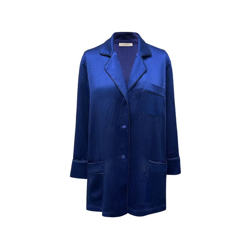 HAMMERED SILK PAJAMA TOP WITH CRYSTAL TRIM IN NAVY