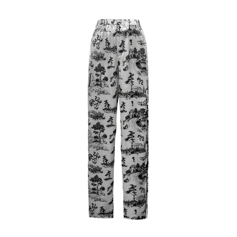 PRINTED SILK PAJAMA PANTS WITH CRYSTAL TRIM DETAIL IN INK PRINT