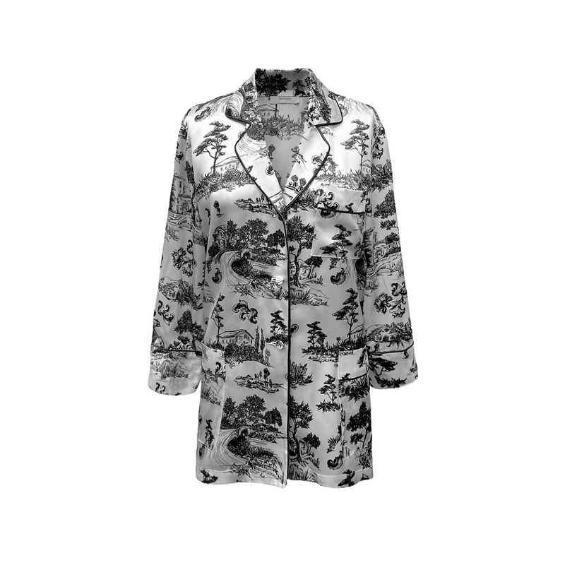 PRINTED SILK PAJAMA TOP WITH CRYSTAL TRIM DETAIL IN INK PRINT