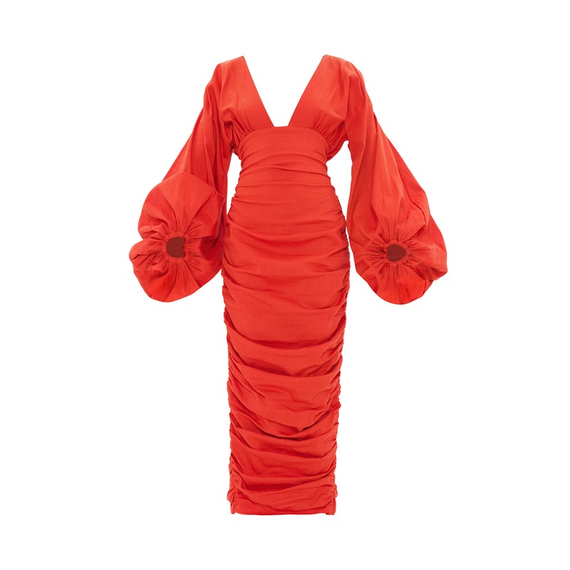 ANIDA MIDI COTTON DRESS IN RED CORAL