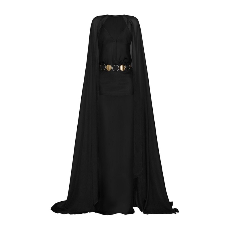 BLACK CHIFFON GOWN WITH GOLD BELT