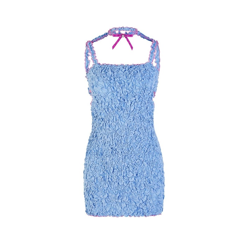 BLUE SMOCKED MINI DRESS WITH CONTRASTING PINK HEMMING