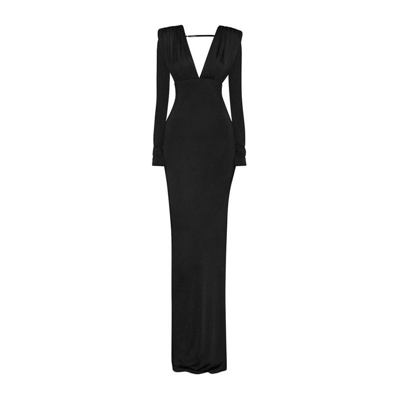 DEEP V-NECKLINE WITH GATHERED SHOULDERS GOWN