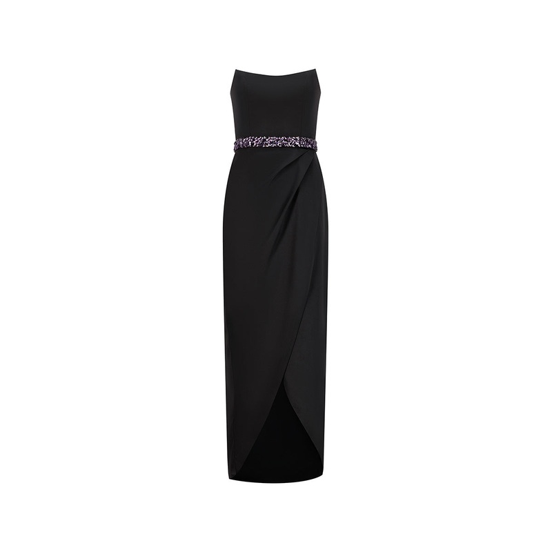 SATIN CROSS OVER MIDI DRESS IN BLACK