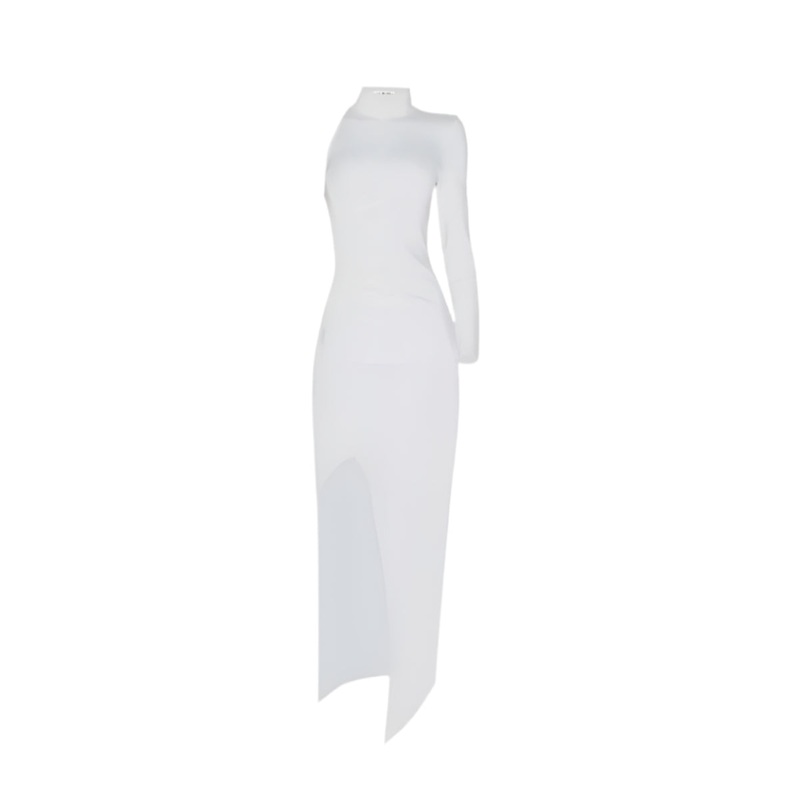 TURTLENECK ASYMMETRIC MIDI DRESS IN WHITE