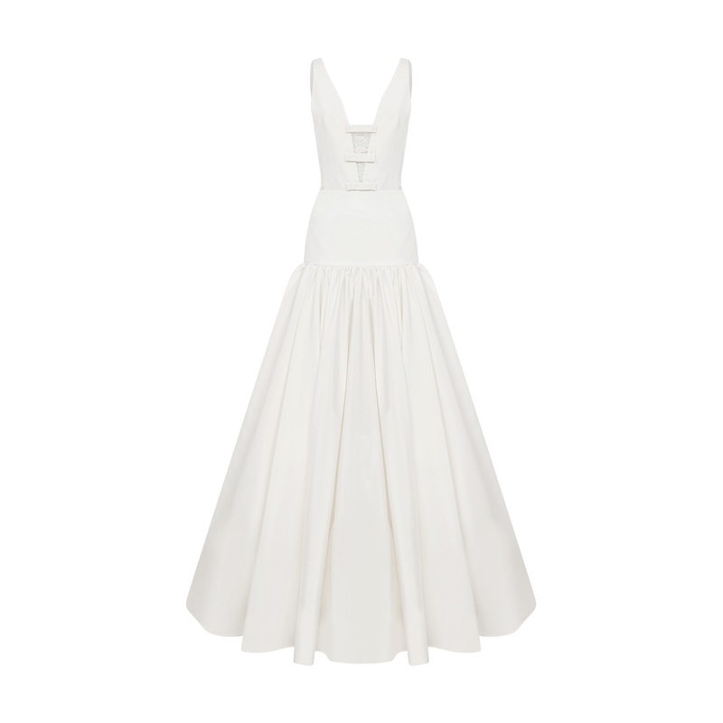 DEEP V NECKLINE GOWN WITH BOW DETAILS