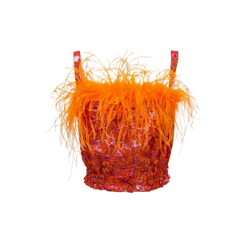 FEATHER-TRIMMED JACQUARD TOP