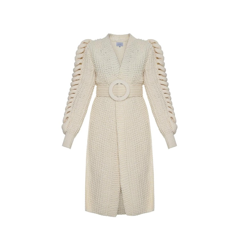 BELTED CARDIGAN WITH KNIT SLEEVES