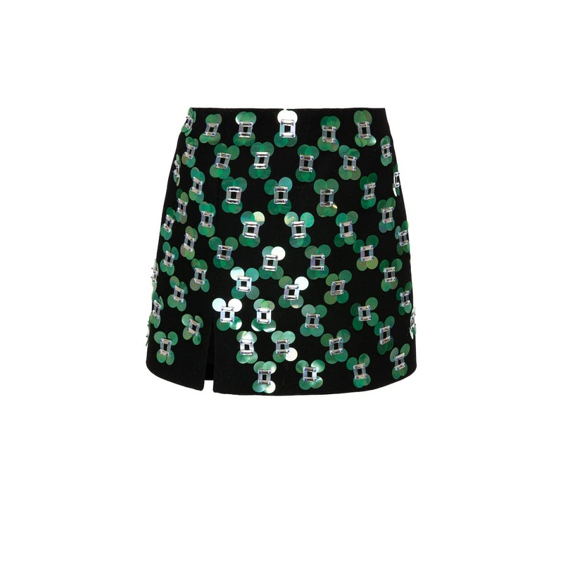 BLACK WOOL MINI SKIRT WITH GREEN SEQUIN EMBELLISHMENT