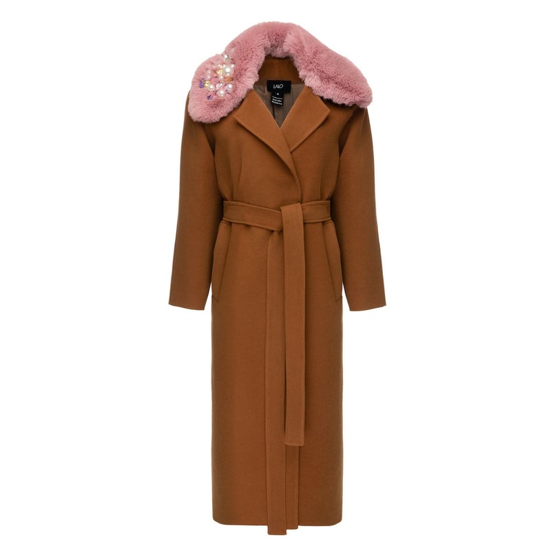 BROWN BELTED WOOL COAT WITH NECK FLEECE