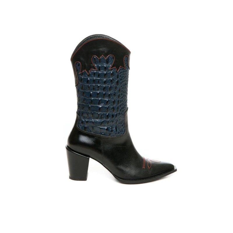 CROC-EMBOSSED MID-CALF COWBOY LEATHER BOOTS