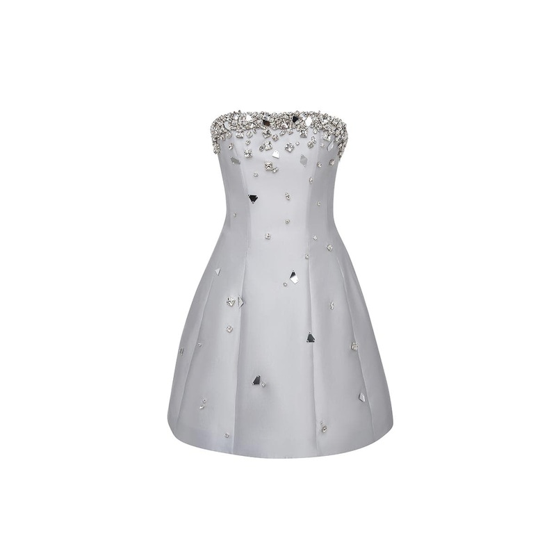 CRYSTAL-EMBELLISHED STRAPLESS SILK AND WOOL-BLEND MINI DRESS