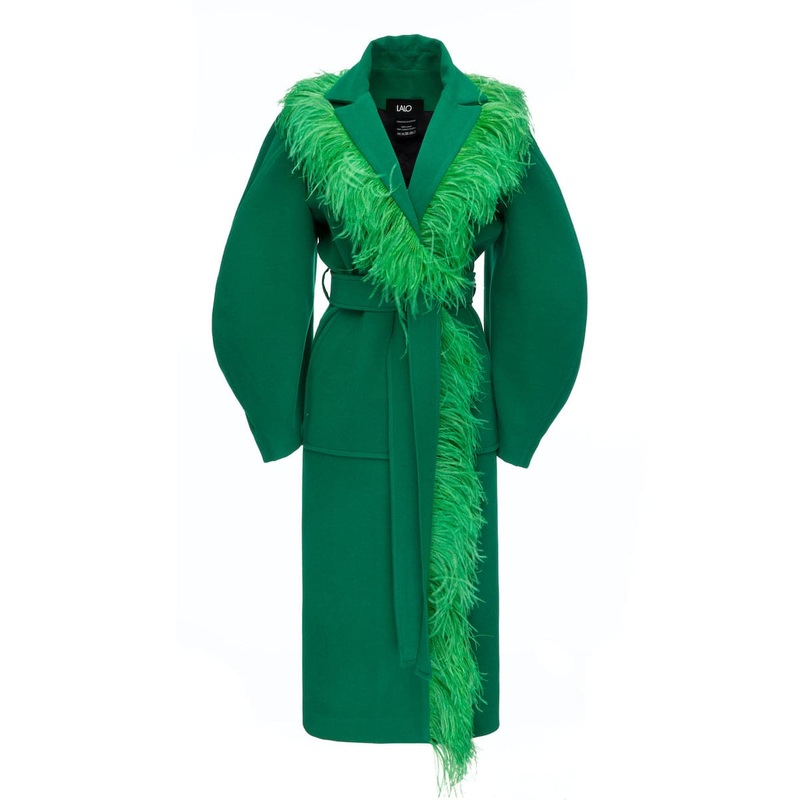 FEATHER-DETAILED GREEN BELTED WOOL COAT