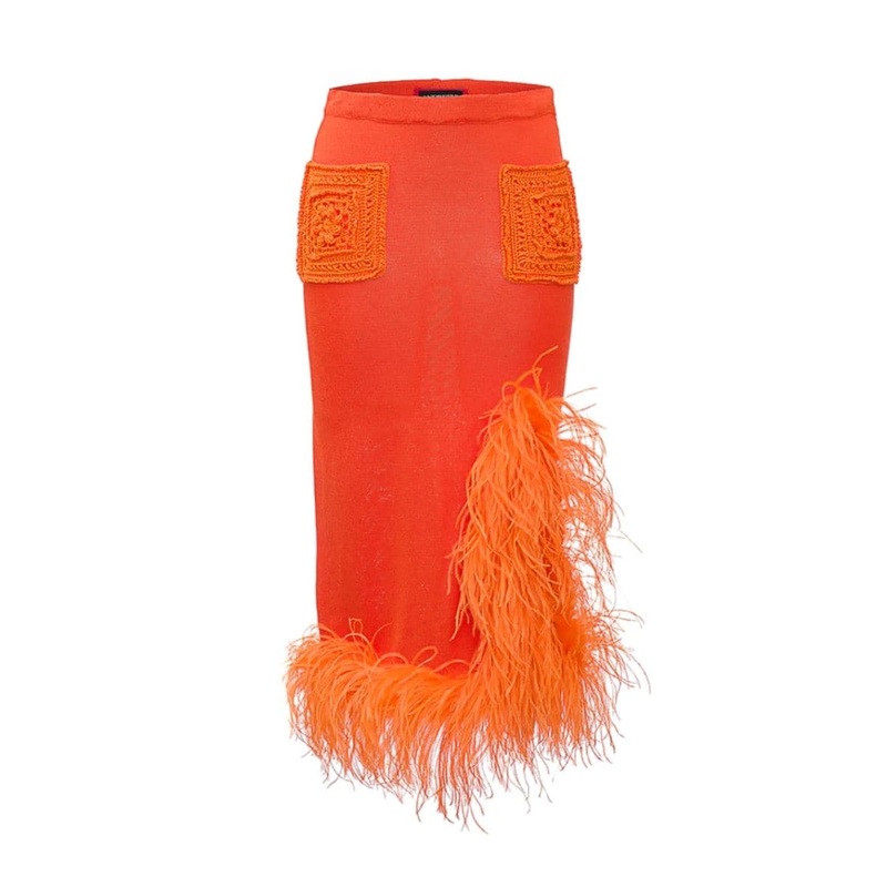 FEATHER-DETAILED KNIT MIDI SKIRT