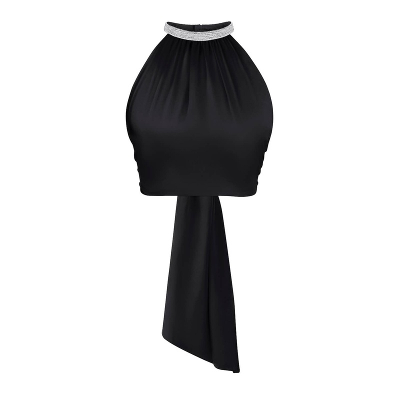KAIA OPEN-BACK CROPPED SILK HALTERNECK TOP