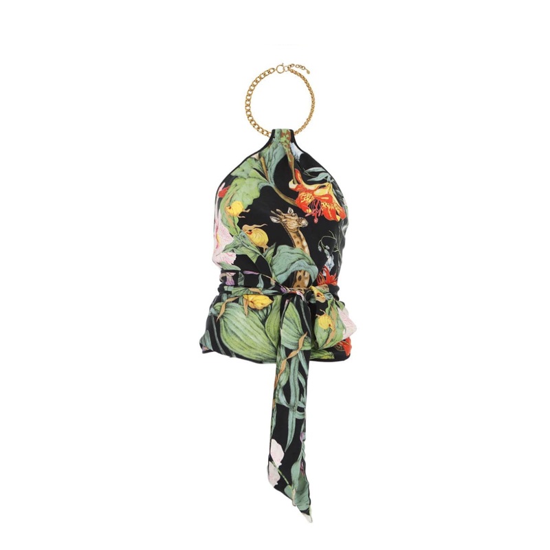MONROE PRINTED VEGAN SILK HALTER TOP