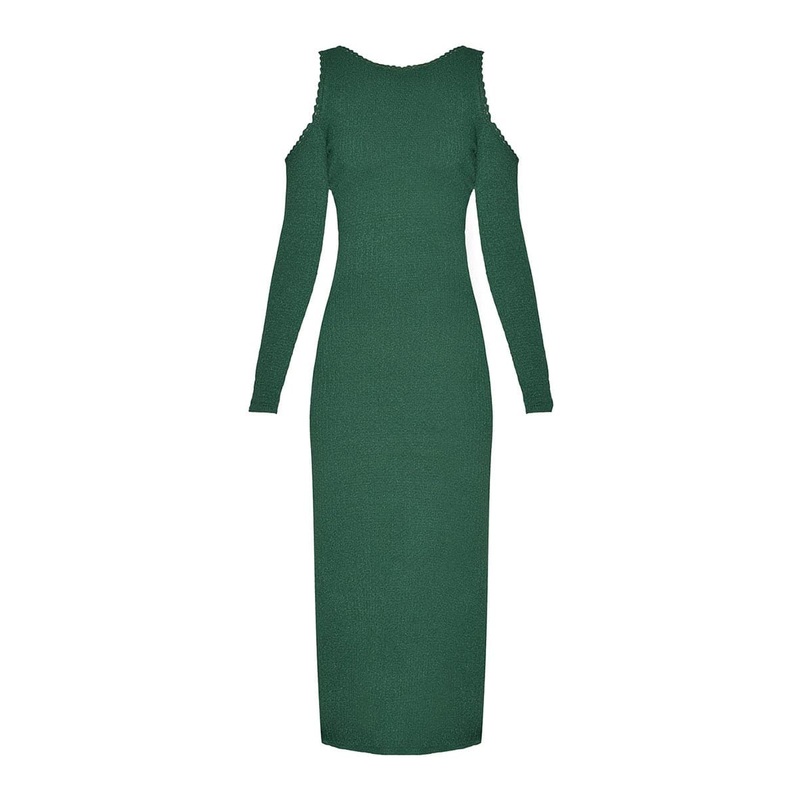 OFF-SHOULDER KNIT MIDI DRESS