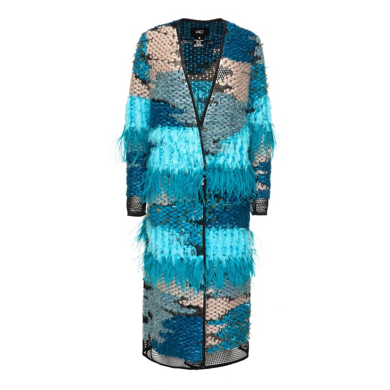 WOOL-BLEND FRINGED BLUE LONG-LINE CARDIGAN
