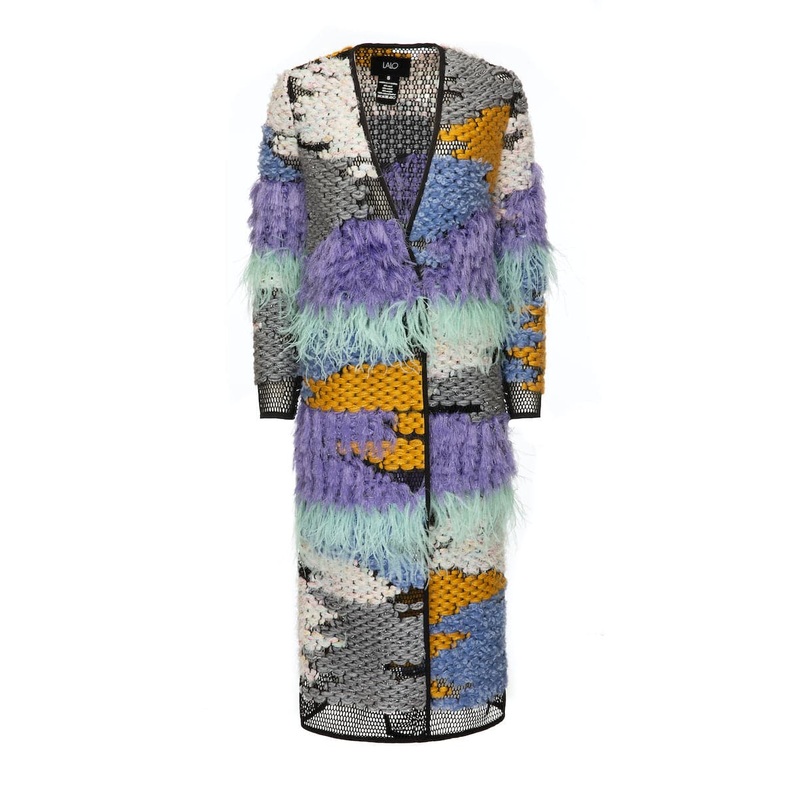WOOL-BLEND FRINGED LILAC LONG-LINE CARDIGAN