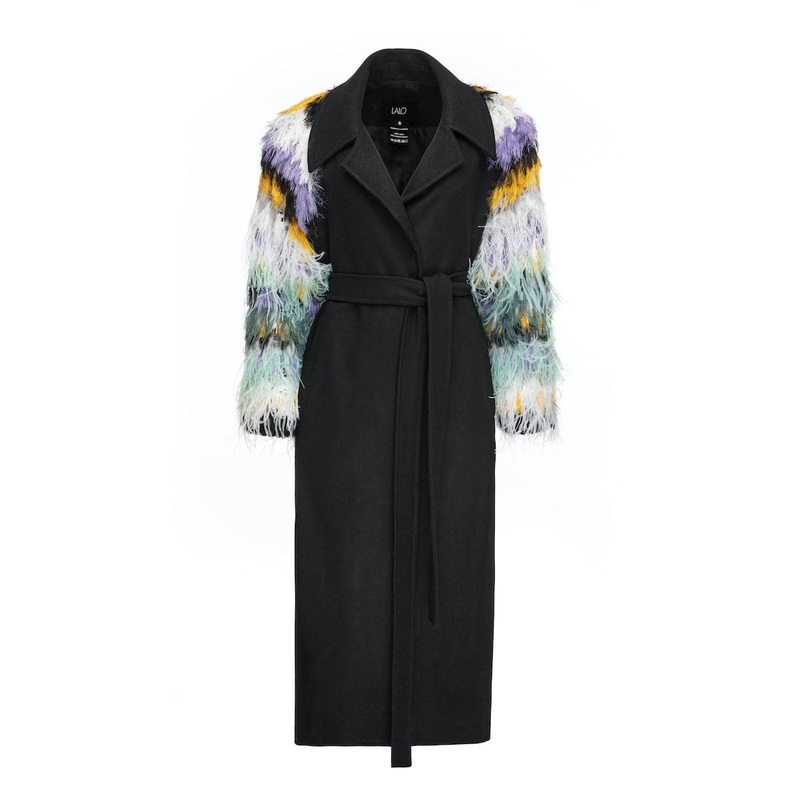 WOOL COAT WITH FEATHER-DETAILED SLEEVES