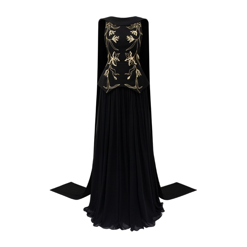 ARIANE CREPE AND CHIFFON GOWN IN BLACK
