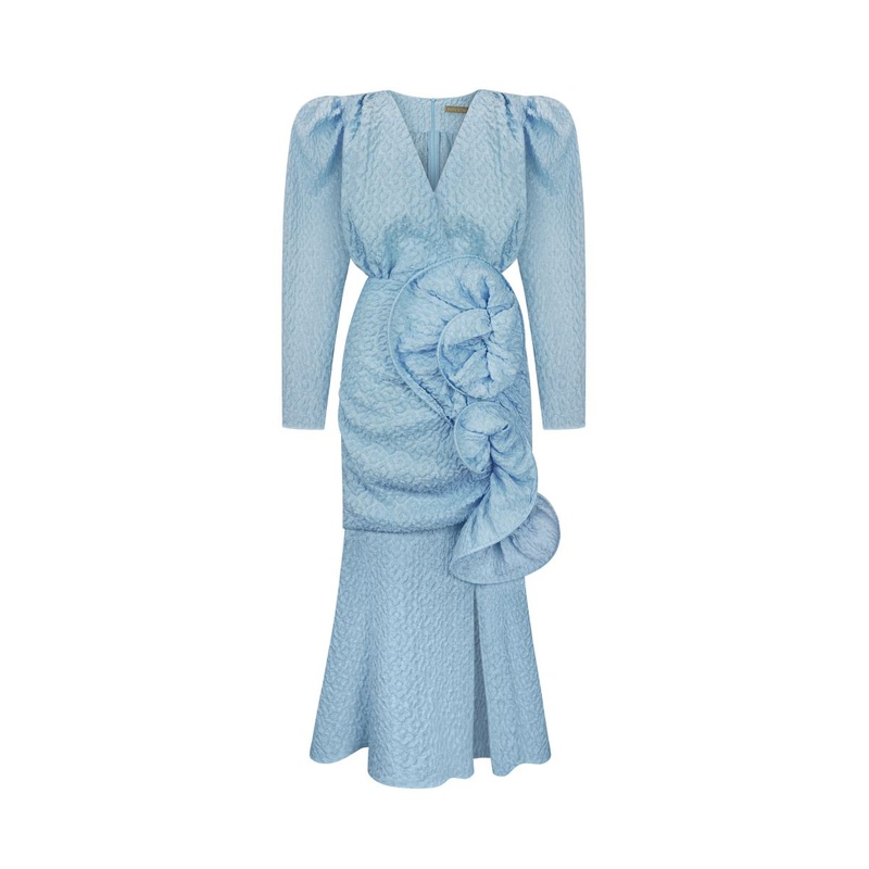 BLUE MIDI DRESS WITH PUFFED SLEEVES AND DECOR