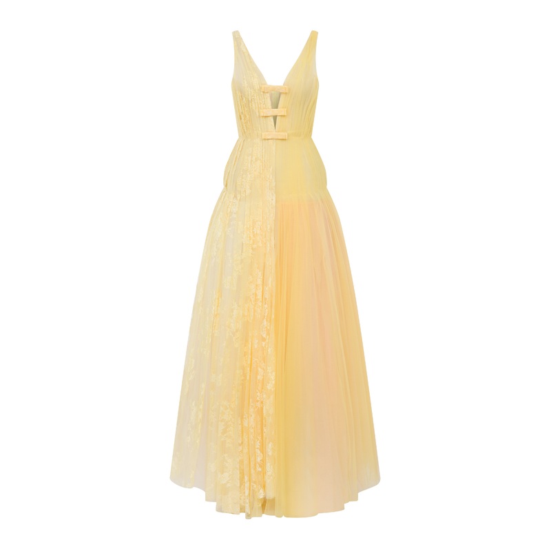 DEEP V NECKLINE TULLE AND LACE MIX GOWN