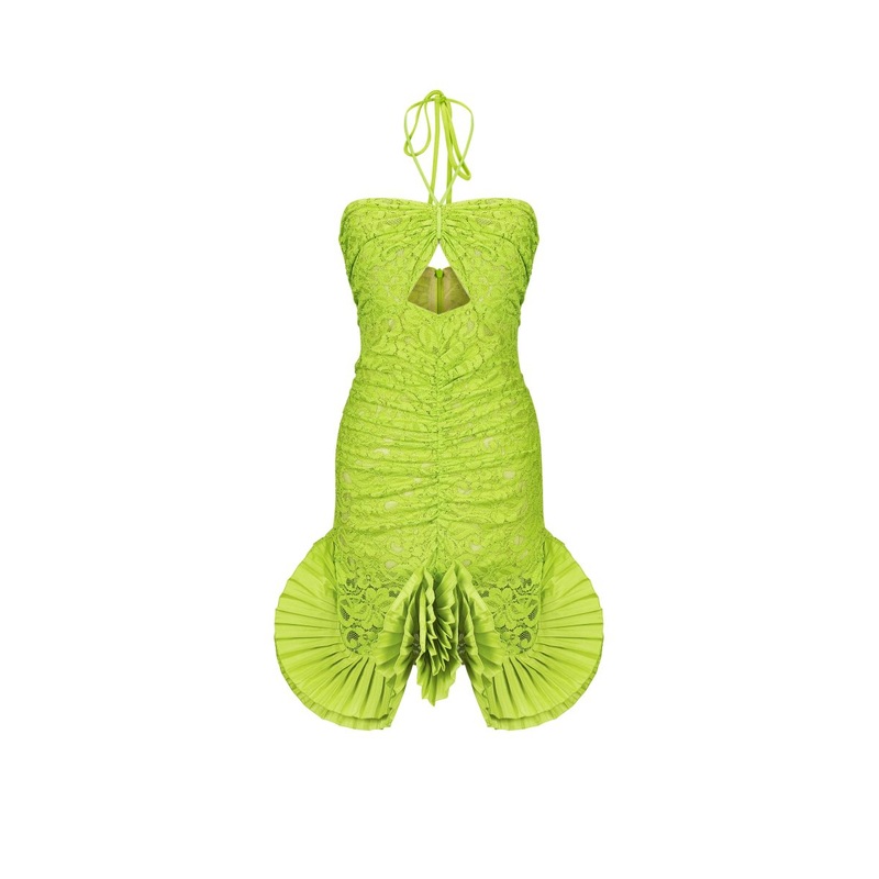 LIME MINI DRESS WITH PLEATED DECOR