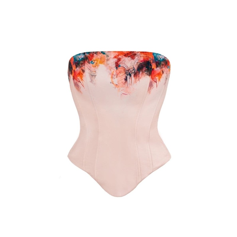 ROSE PRINTED SATIN ARCH CORSET TOP