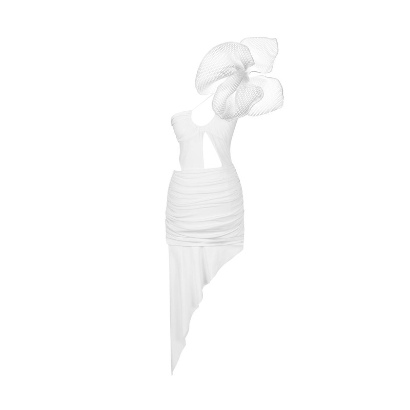 WHITE CUT-OUT MIDI DRESS WITH MESH 3D FLOWER