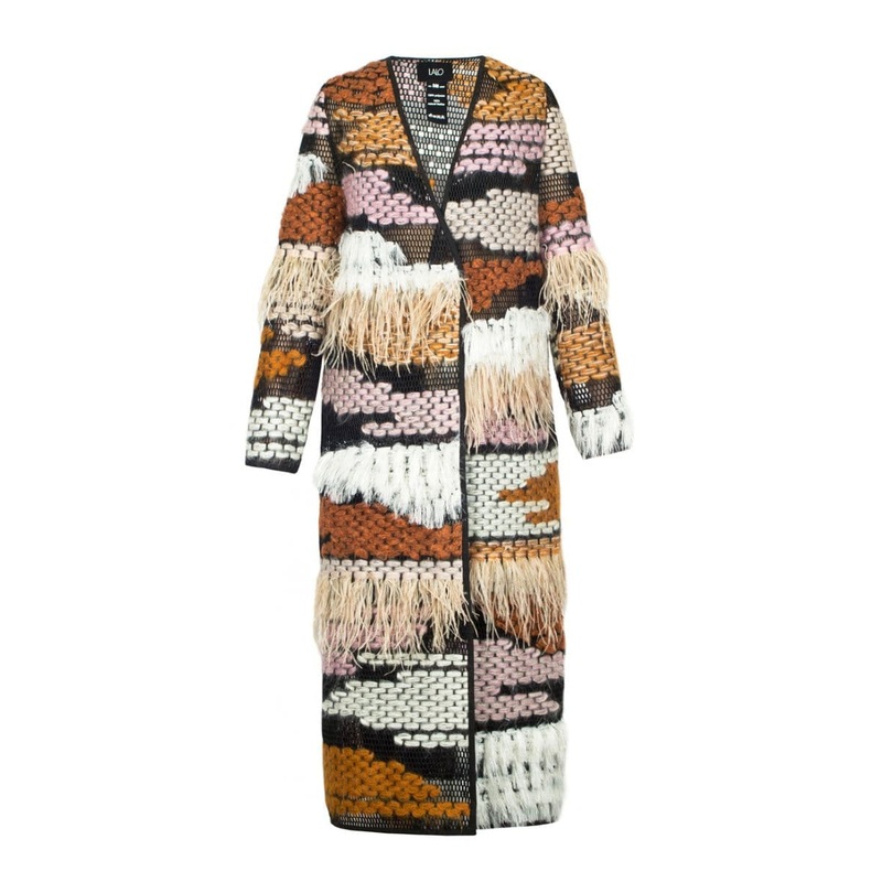 WOOL-BLEND FRINGED LONG-LINE BROWN CARDIGAN