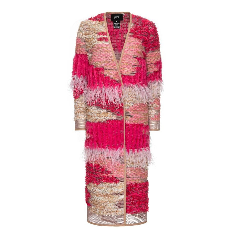 WOOL-BLEND FRINGED LONG-LINE BUBBLEGUM CARDIGAN