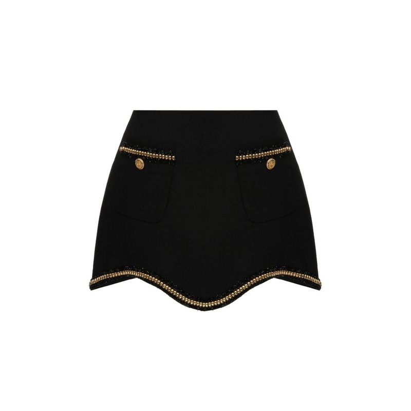 BLACK SCALOP EDGE WOOL MINI SKIRT