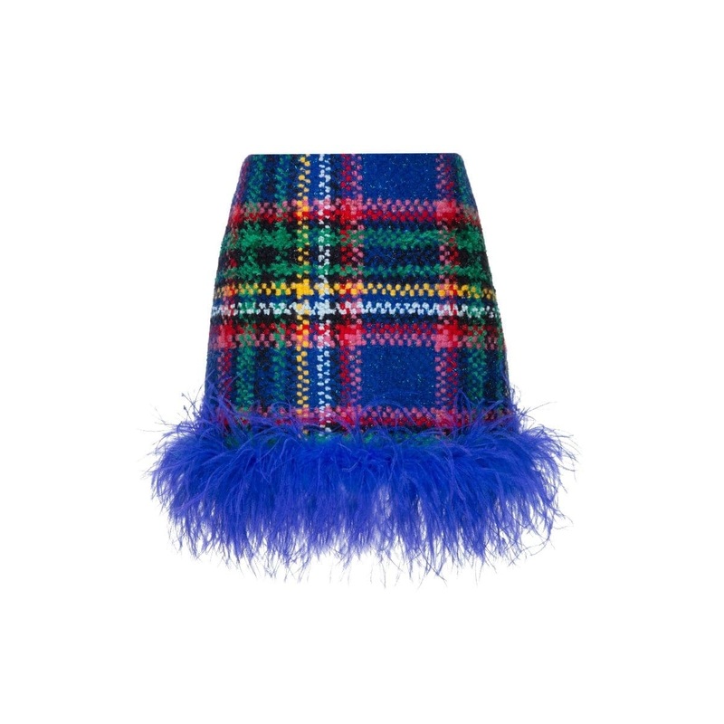 CHECKERED BLUE FEATHER-TRIMMED MINI SKIRT