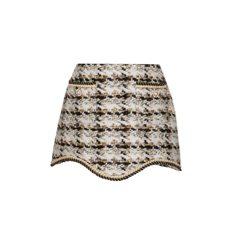 CHECKERED WHITE SCALOP EDGE WOOL-BLEND MINI SKIRT