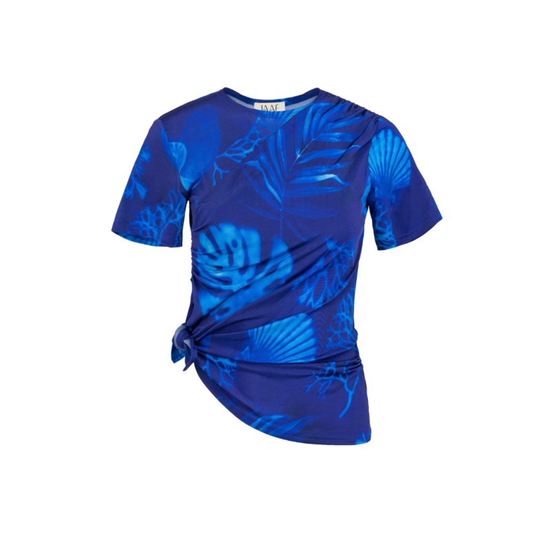 DRAPED TOP WITH KNOT IN CYANOTYPE PRINT