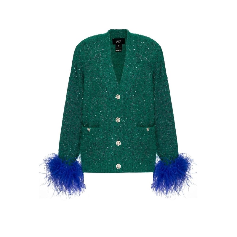 GREEN CARDIGAN WITH BLUE FEATHER-DETAILING