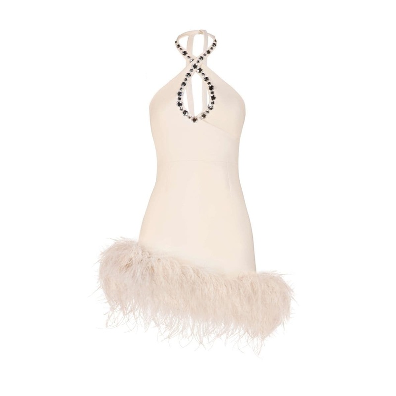 MIA FEATHER-EMBELLISHED CREPE MINI DRESS