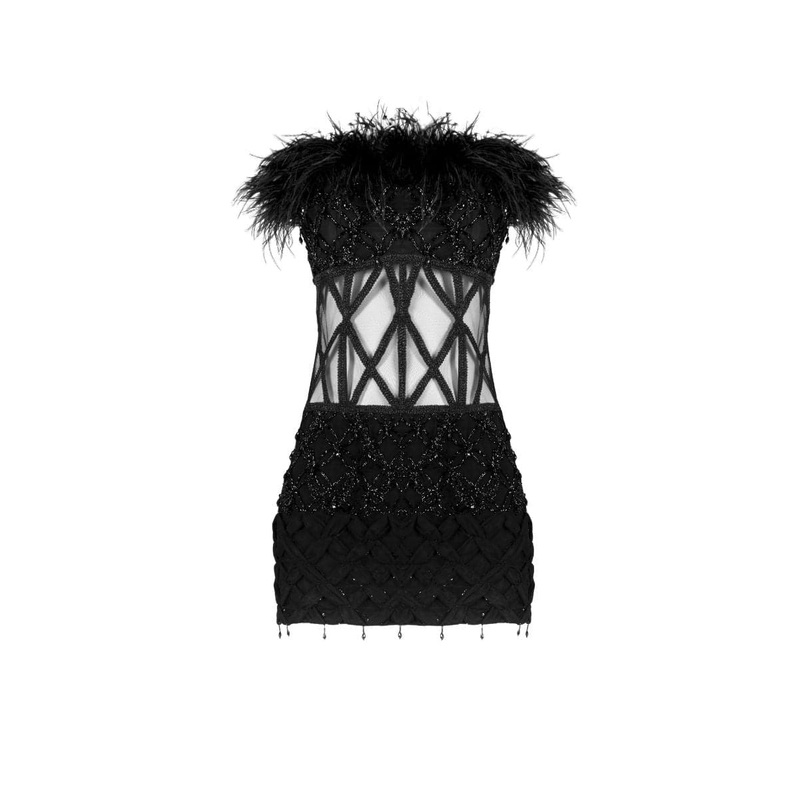MONA FEATHER-TRIMMED EMBELLISHED MINI DRESS
