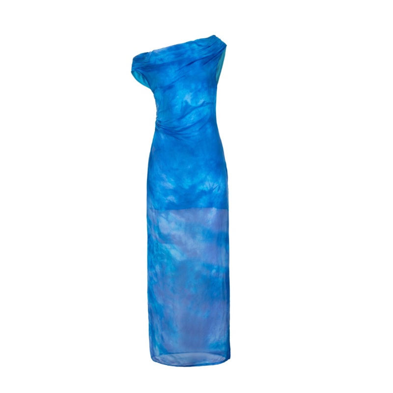 OFF-SHOULDER MAXI DRESS IN HAND-DYED BLUE