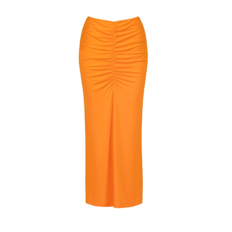 RUCHED MIDI SKIRT IN BRIGHT ORANGE