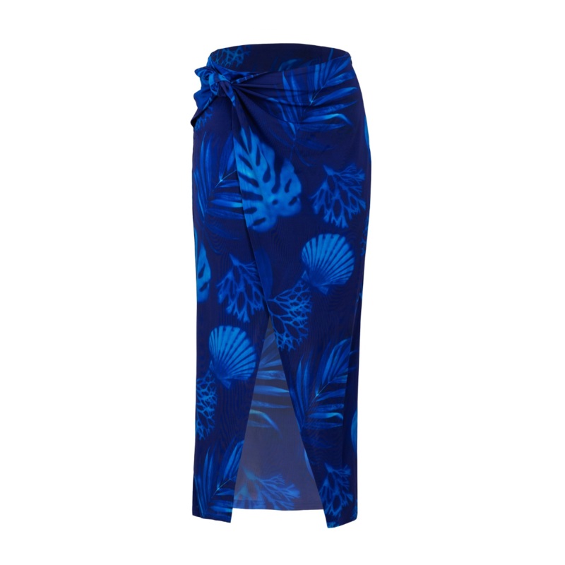WRAP-STYLE MIDI SKIRT IN CYANOTYPE PRINT