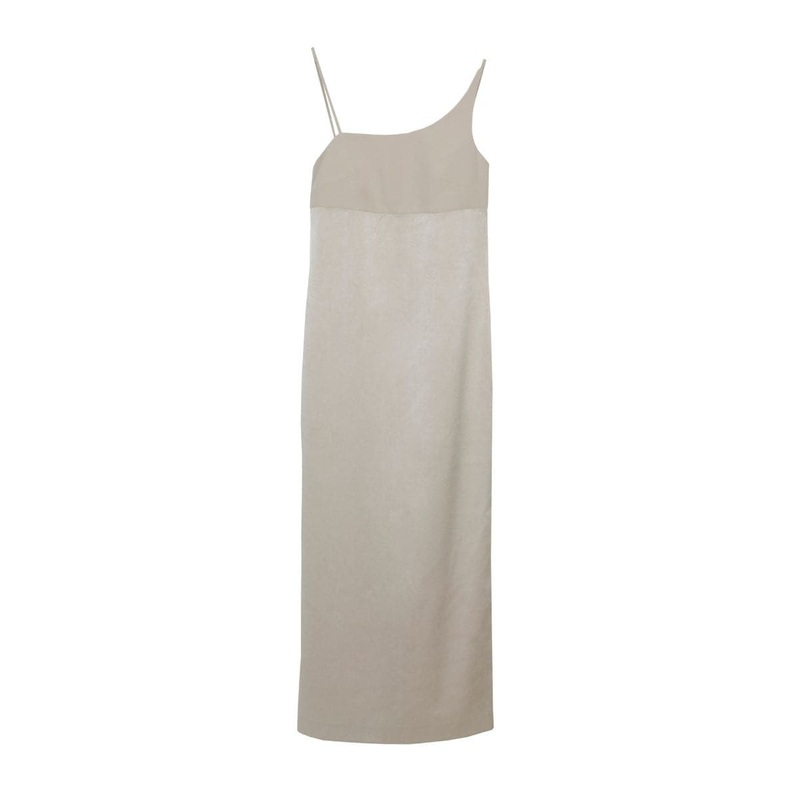 ARANA BEIGE ASYMMETRIC MIDI DRESS
