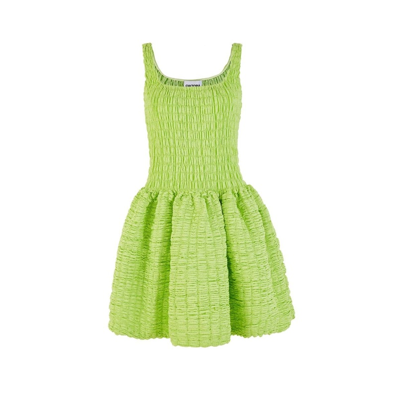GREEN SLEEVELESS SHIRRED STRUCTURED MINI DRESS