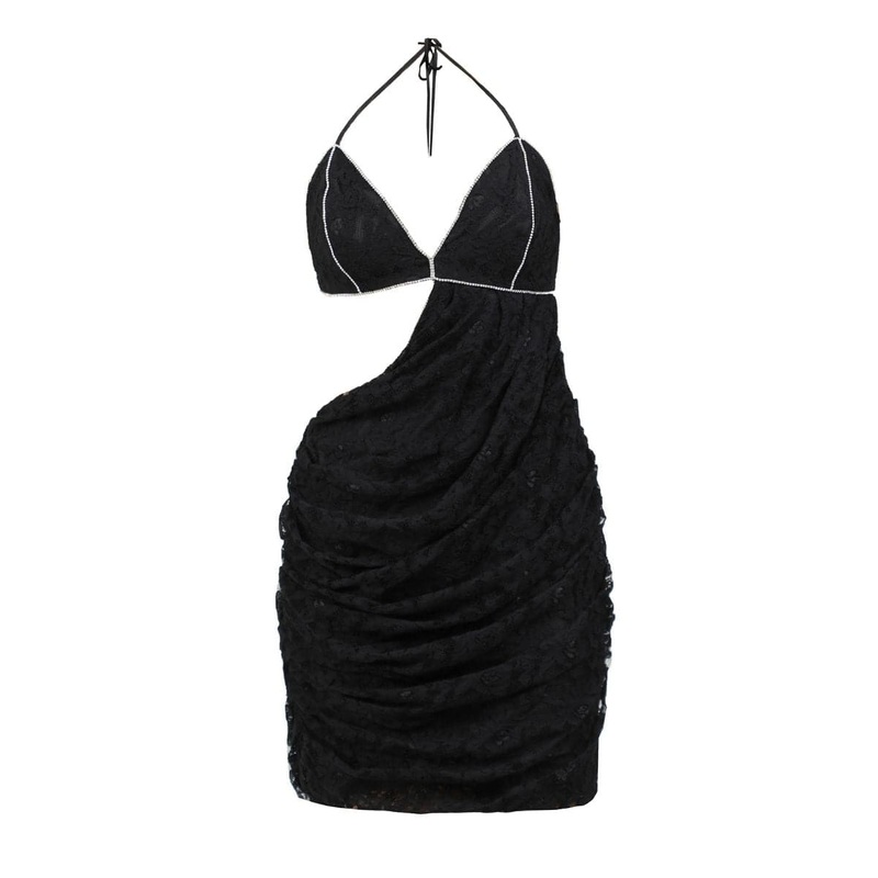 GUIPURE CRUMPLED BLACK MINI DRESS