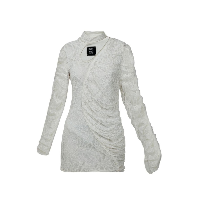 GUIPURE CRUMPLED WHITE MINI DRESS