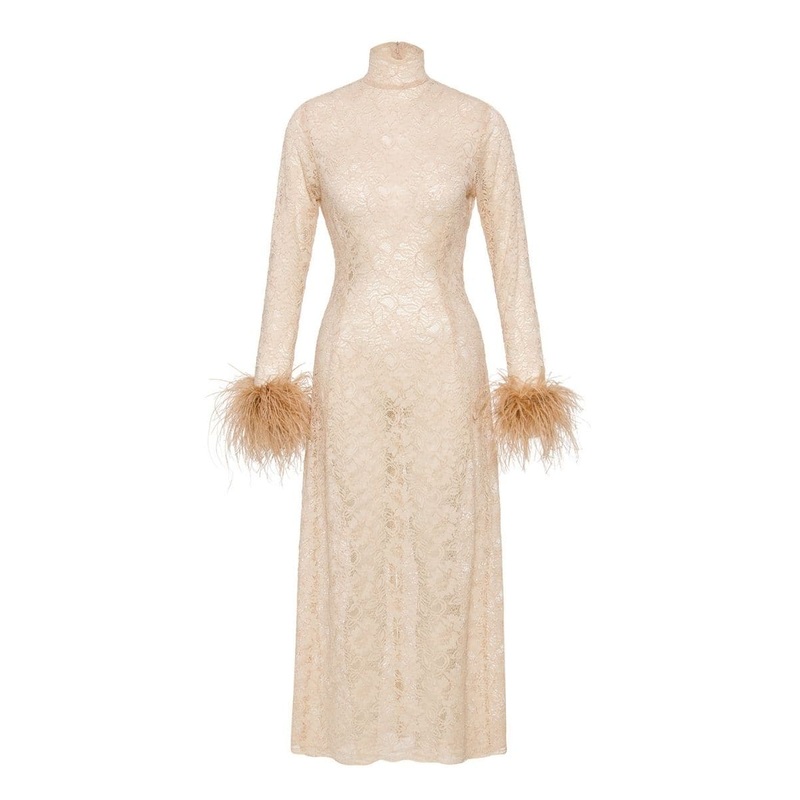 HERA BEIGE FEATHER-TRIMMED MIDI DRESS