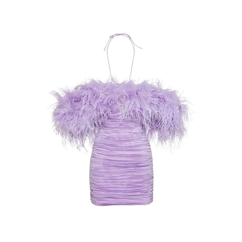 KAIA LILAC RUCHED MINI DRESS WITH FEATHER-DETAILS